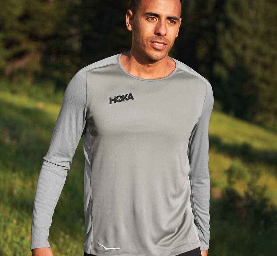 Hoka Australia One One Performance Long Sleeve - Mens Tops Grey - SACBE-7435